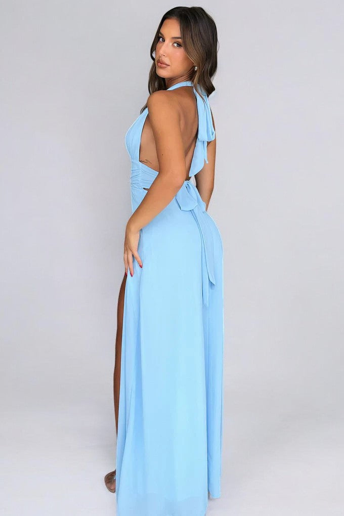 LILLI | Elegante vestido maxi halter con abertura alta
