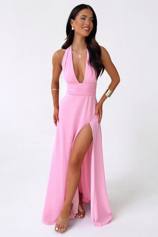 LILLI | Elegante vestido maxi halter con abertura alta