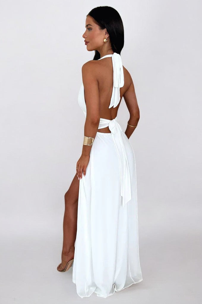 LILLI | Elegante vestido maxi halter con abertura alta